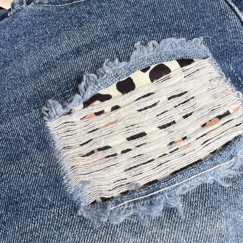 Womens Distressed Edgy‎ Jean Shorts Medium Leopard Pockets Frayed Hem Summer
